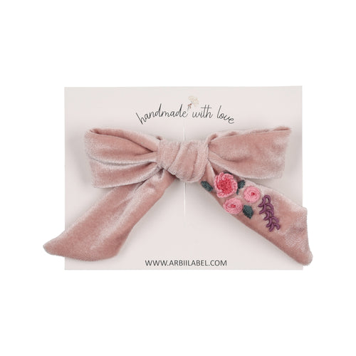 Pink Velvet Bow Clip with Embroidery