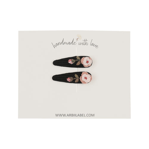 Black Mini Ribbed Rose Embroidered Clips