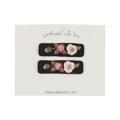 Black Ribbed Rose Embroidered Clips