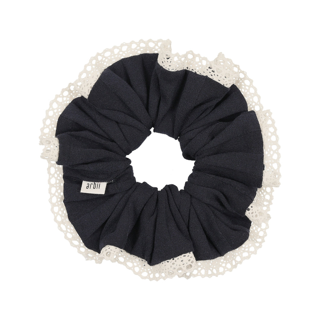 Navy Ribbed Scrunchie with Crochet Detail