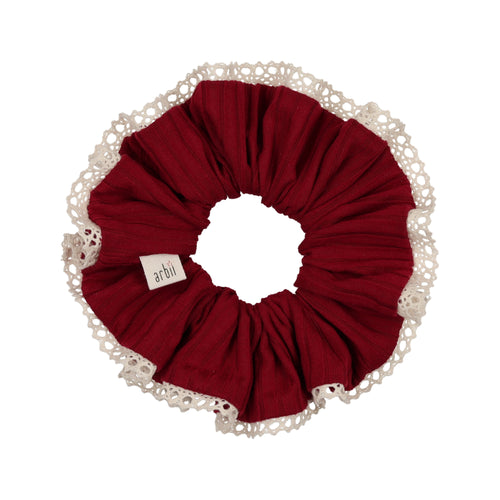 Deep Red Ribbed Scrunchie with Crochet Detail