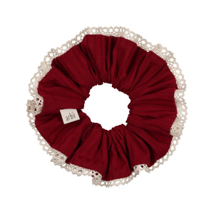 Deep Red Ribbed Scrunchie with Crochet Detail