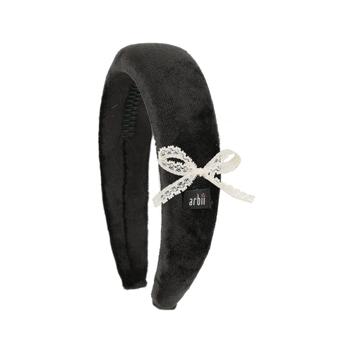 Black Velvet Padded Headband with Lace Detail