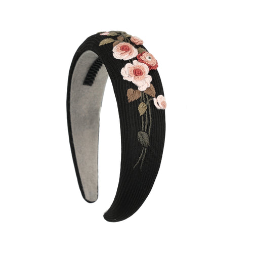 Black Ribbed Rose Embroidered Headband